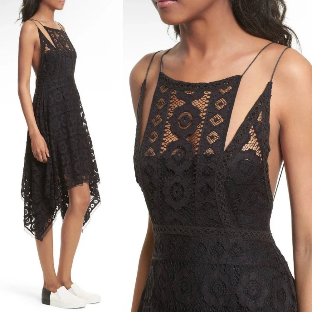 Free People Just Like Honey Black Lace Dress 2 Handkerchief Hem Open Back Midi